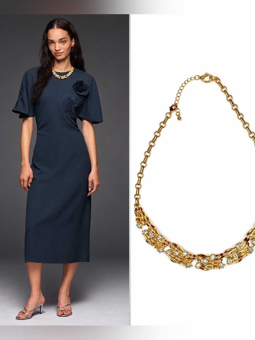 NWT Maeve Ruched Short-Sleeve Midi Dress S + NWT Anthro Vintage Crystal Necklace